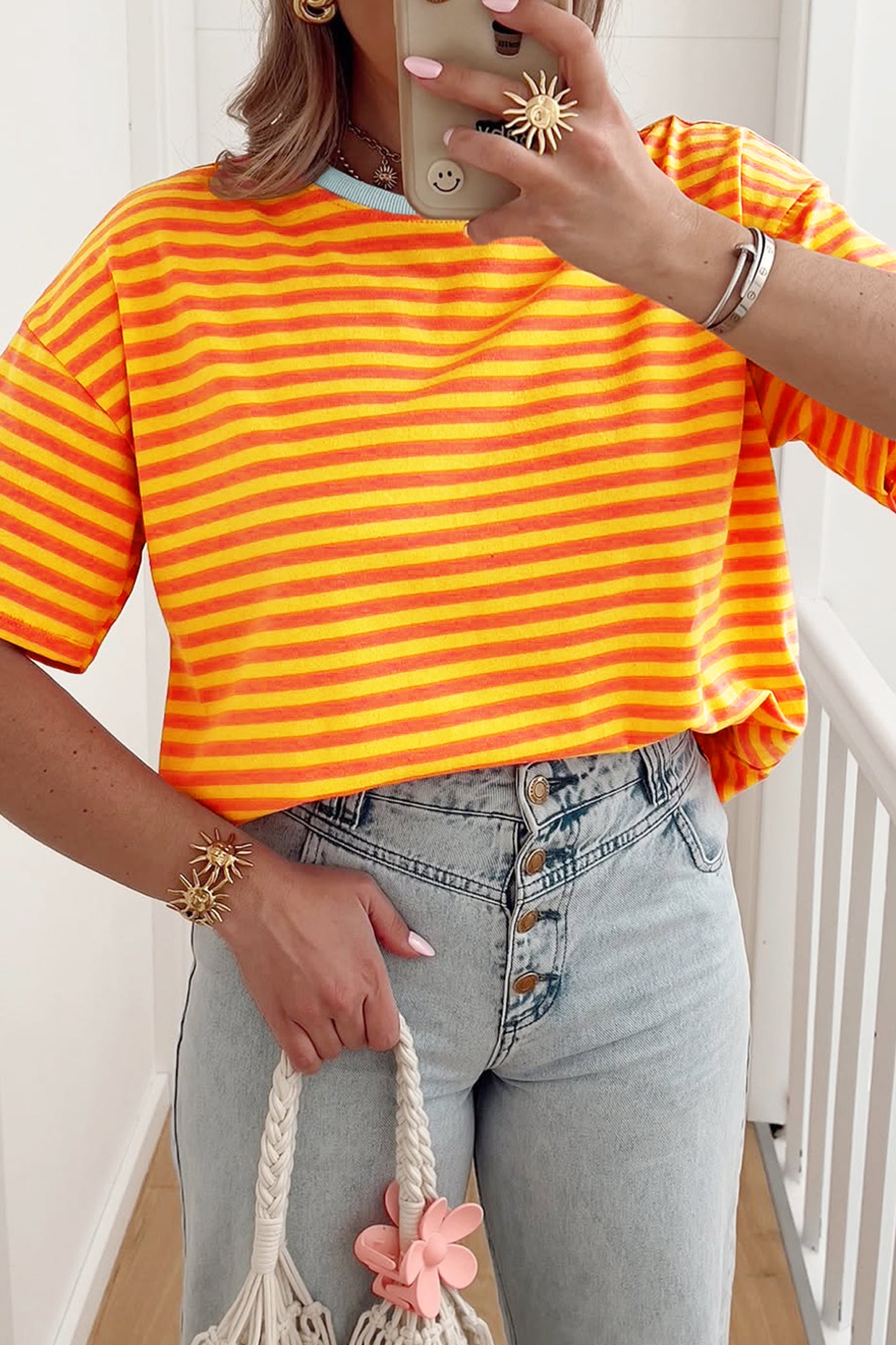 Stripe Contrast Crew Neck Drop Shoulder Tee