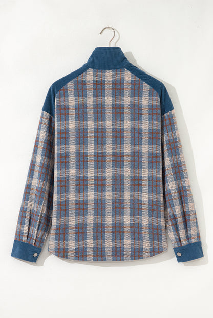 Plaid Corduroy Patchwork Zip-Up Snap-Button Jacket