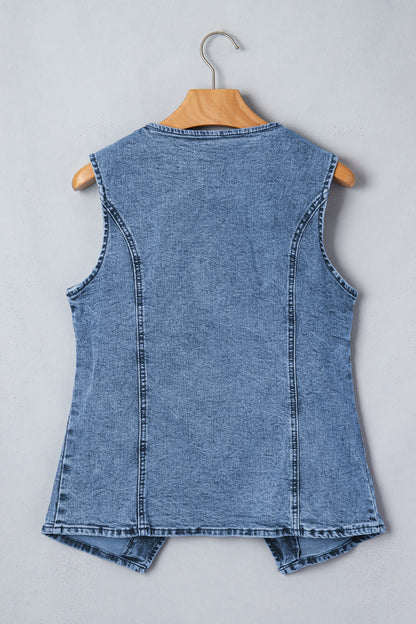 Western Denim Button Front Slit Sleeveless Vest