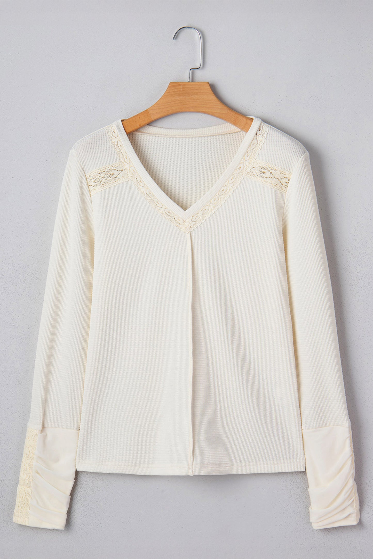 Lace Trim Ruched Long Sleeve V-Neck Thermal Top