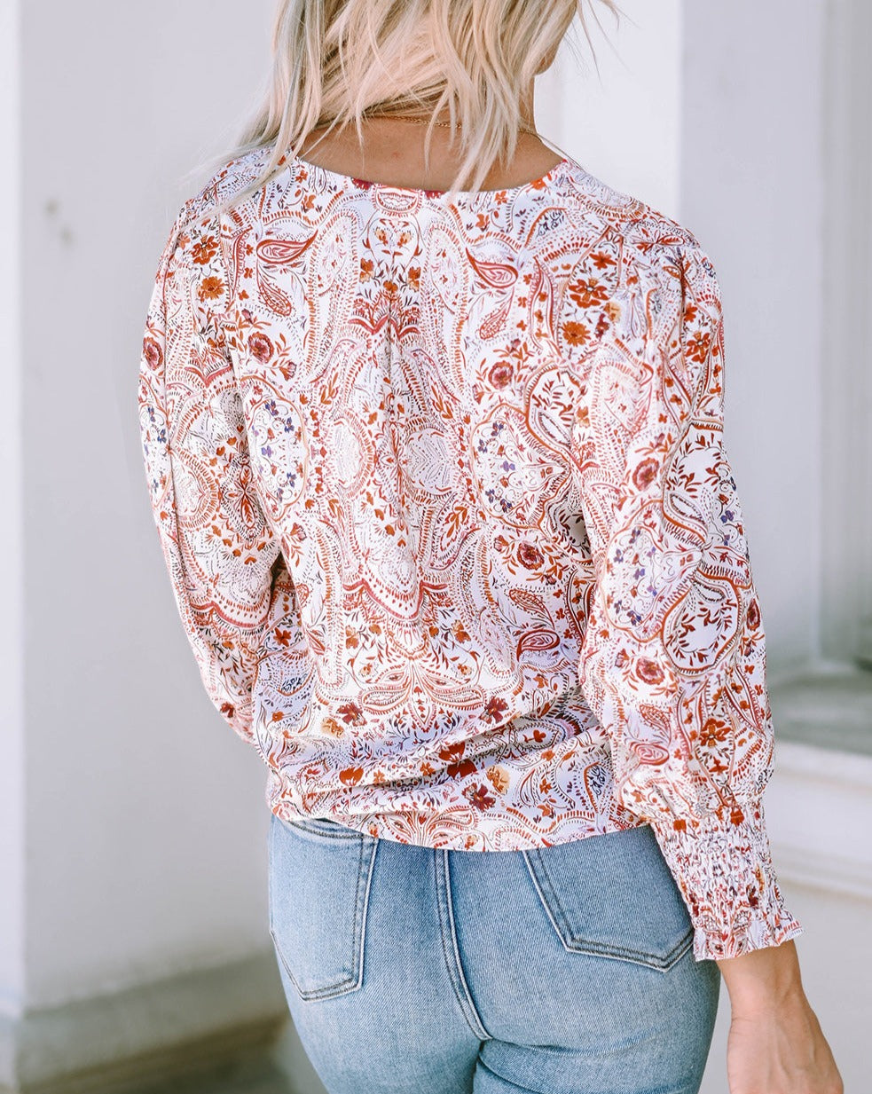 Boho Paisley Smocked Cuff Blouse