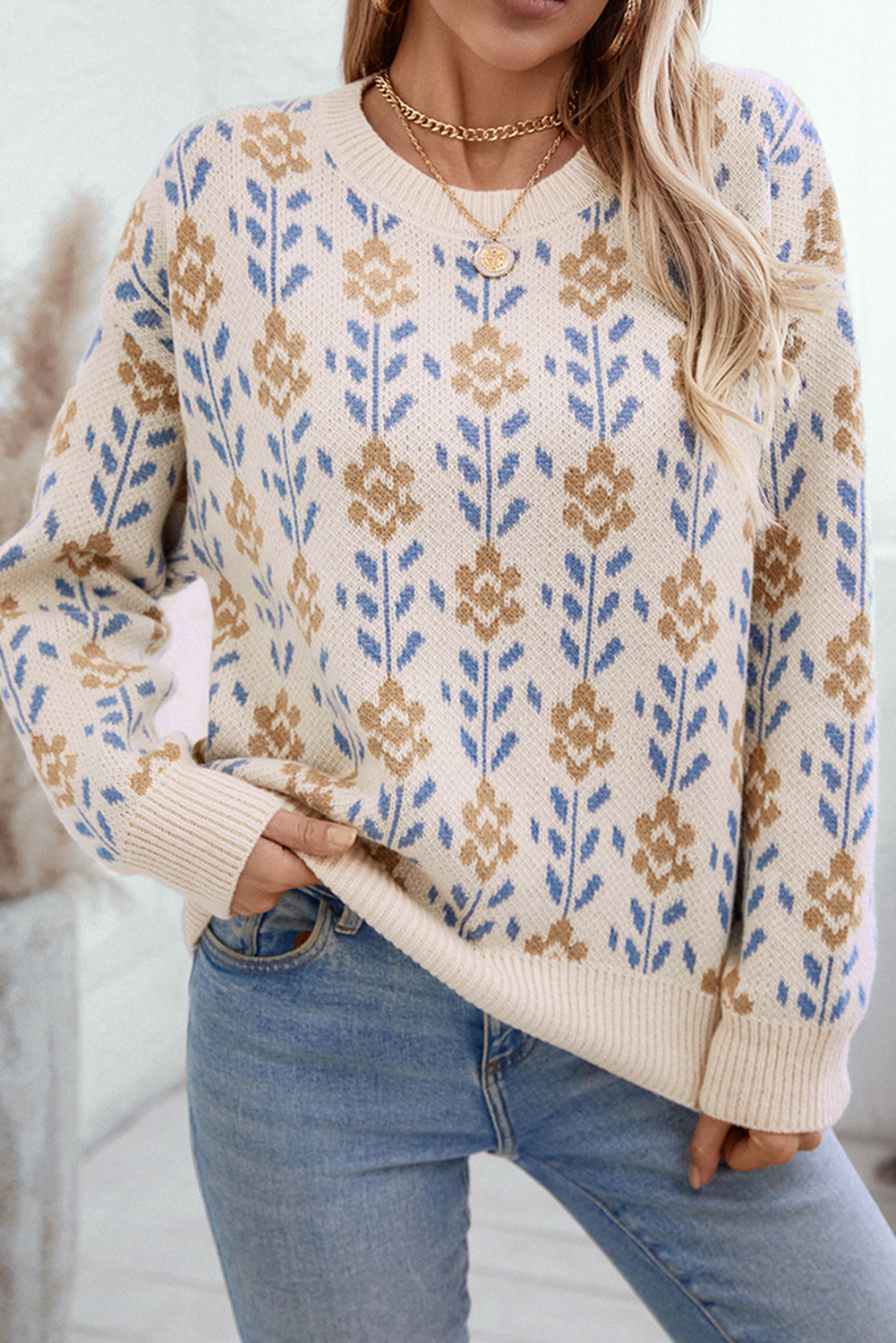 Floral Ribbed Trim Crewneck Sweater