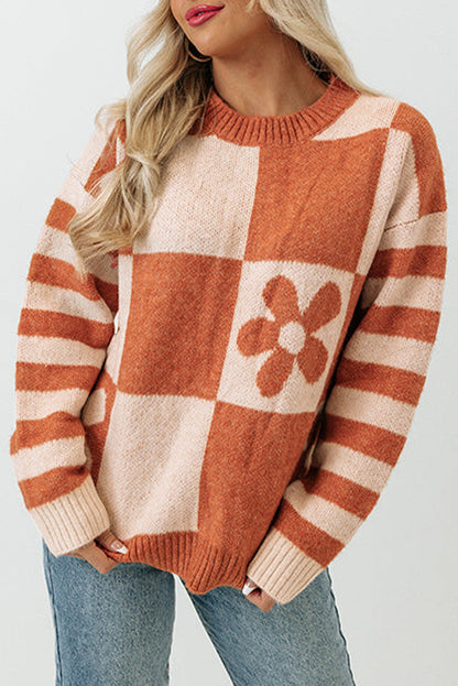 Checkered Floral Stripe Colorblock Sweater