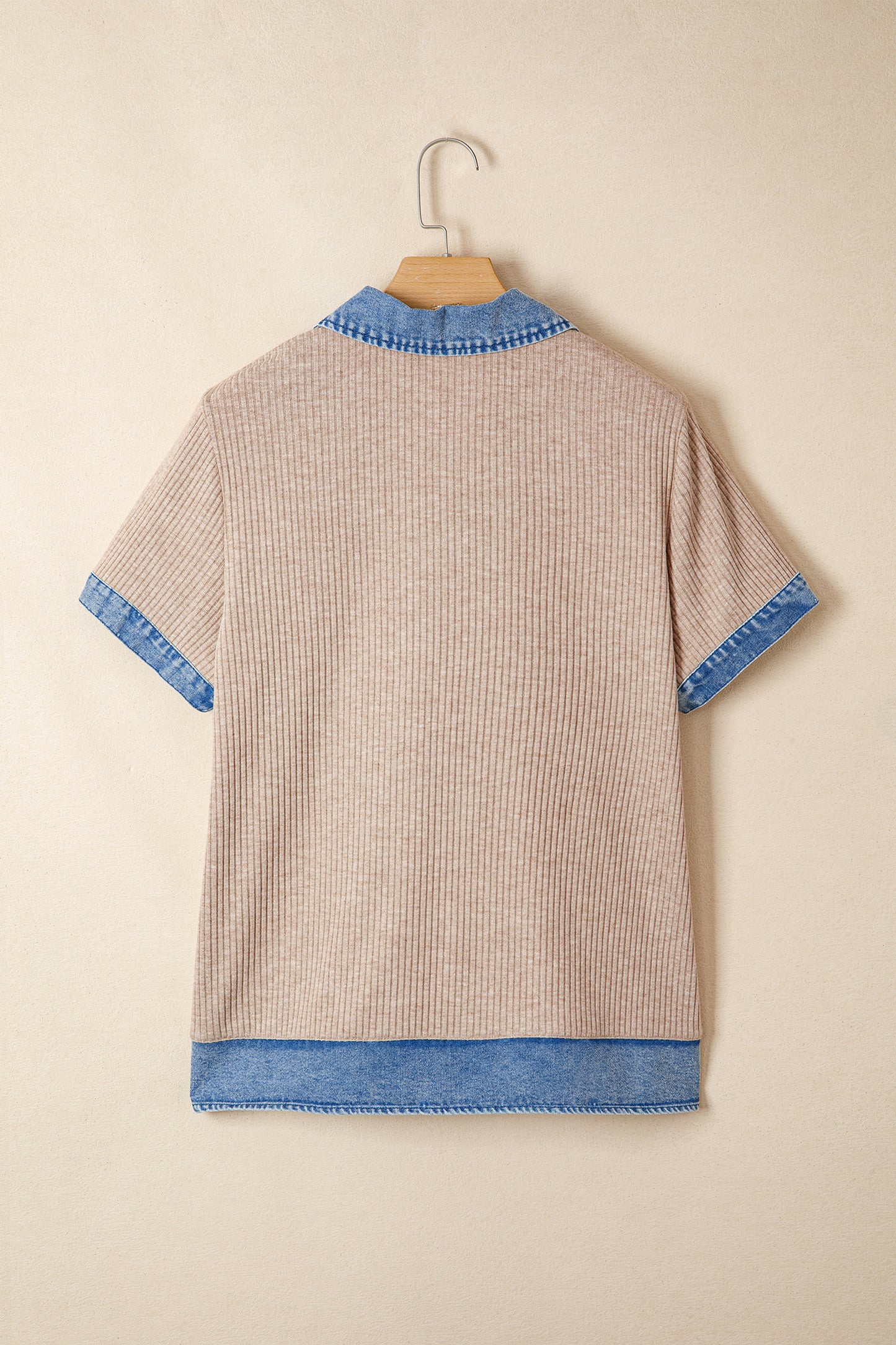 Denim Patchwork Ribbed Knit Collared Blouse