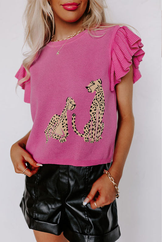 Leopard Knit Ruffle Sleeve Sweater