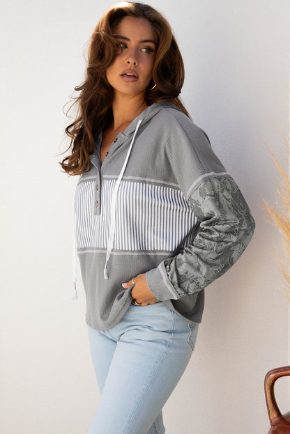 Stripe Waffle Patchwork Hooded Long Sleeve Top