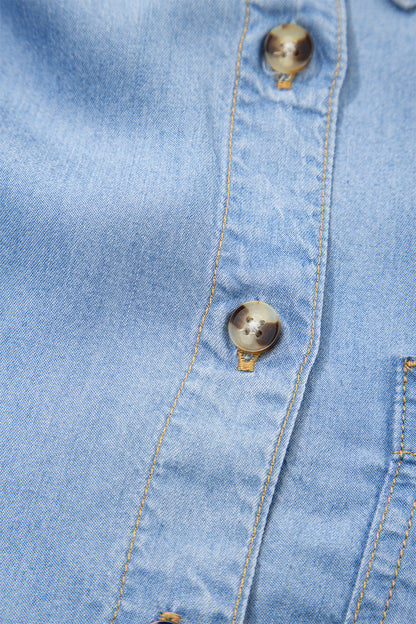 Denim Chambray Ruffle 3/4 Sleeve Buttoned Shirt
