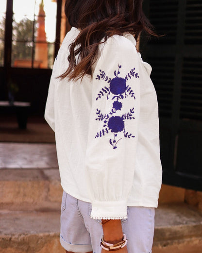 Floral Embroidered 3/4 Sleeve Shirt