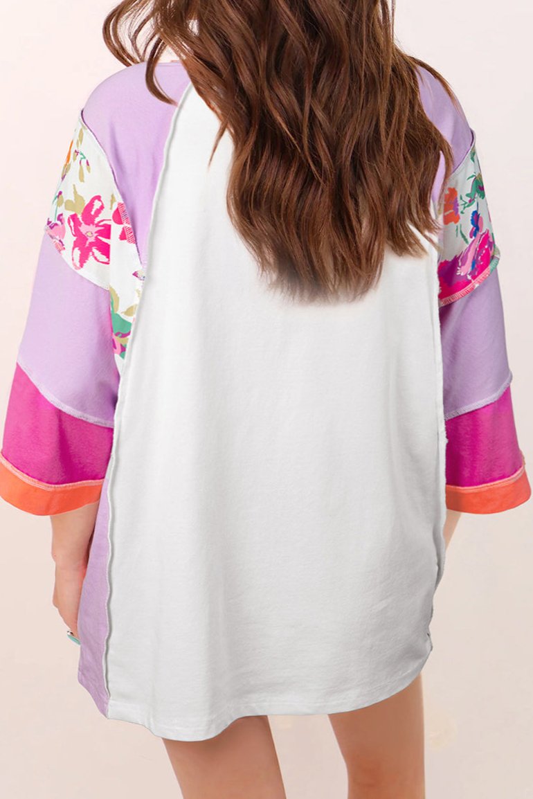 Floral Colorblock 3/4 Sleeve Blouse