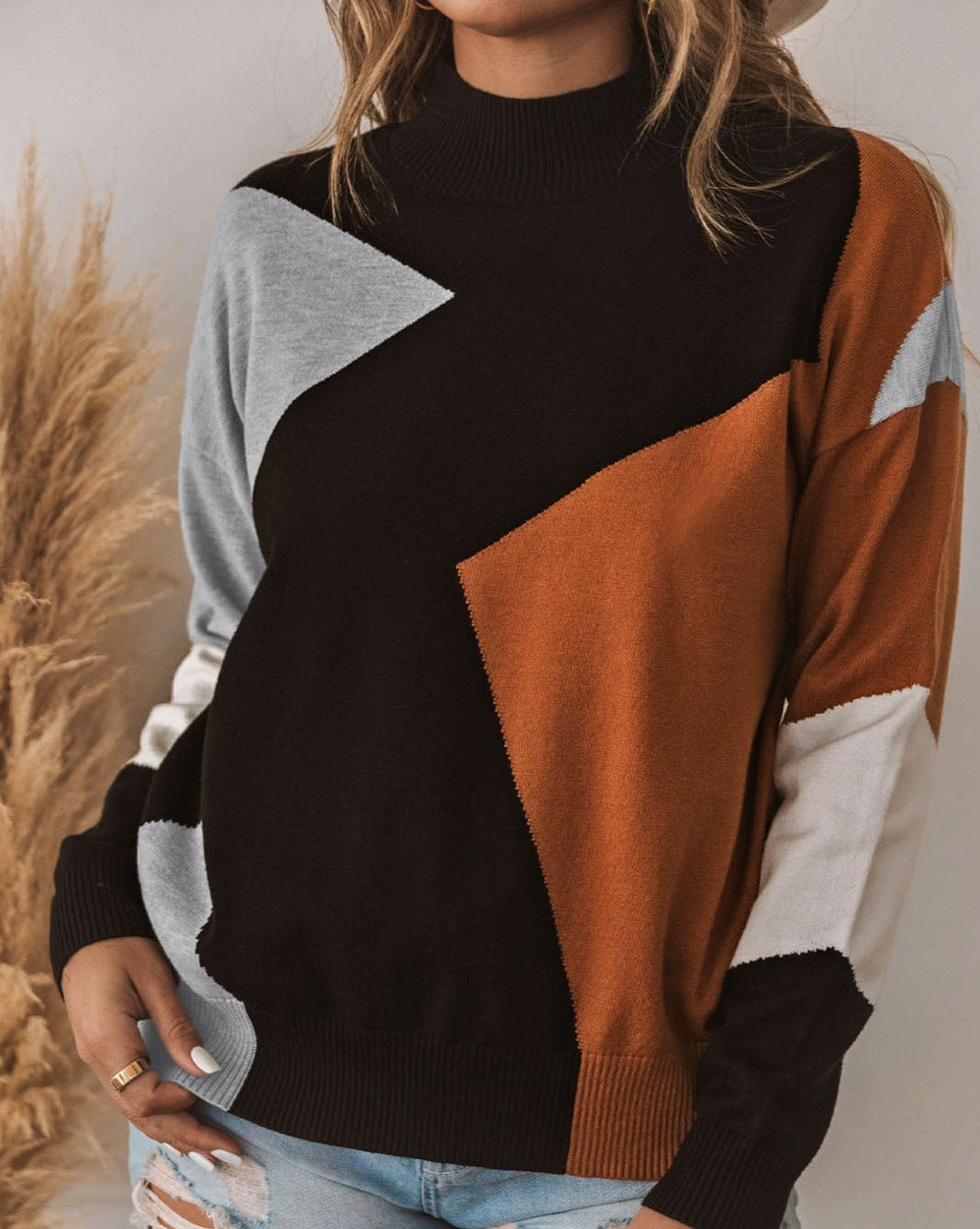 Colorblock Mock Neck Sweater