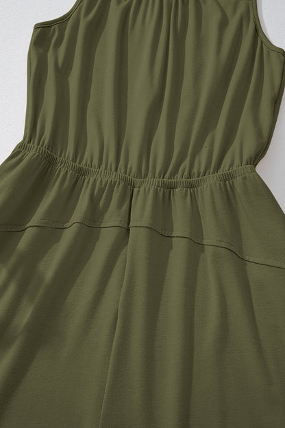 Solid Pleated Detail Sleeveless Elastic Waist Jumpsuit