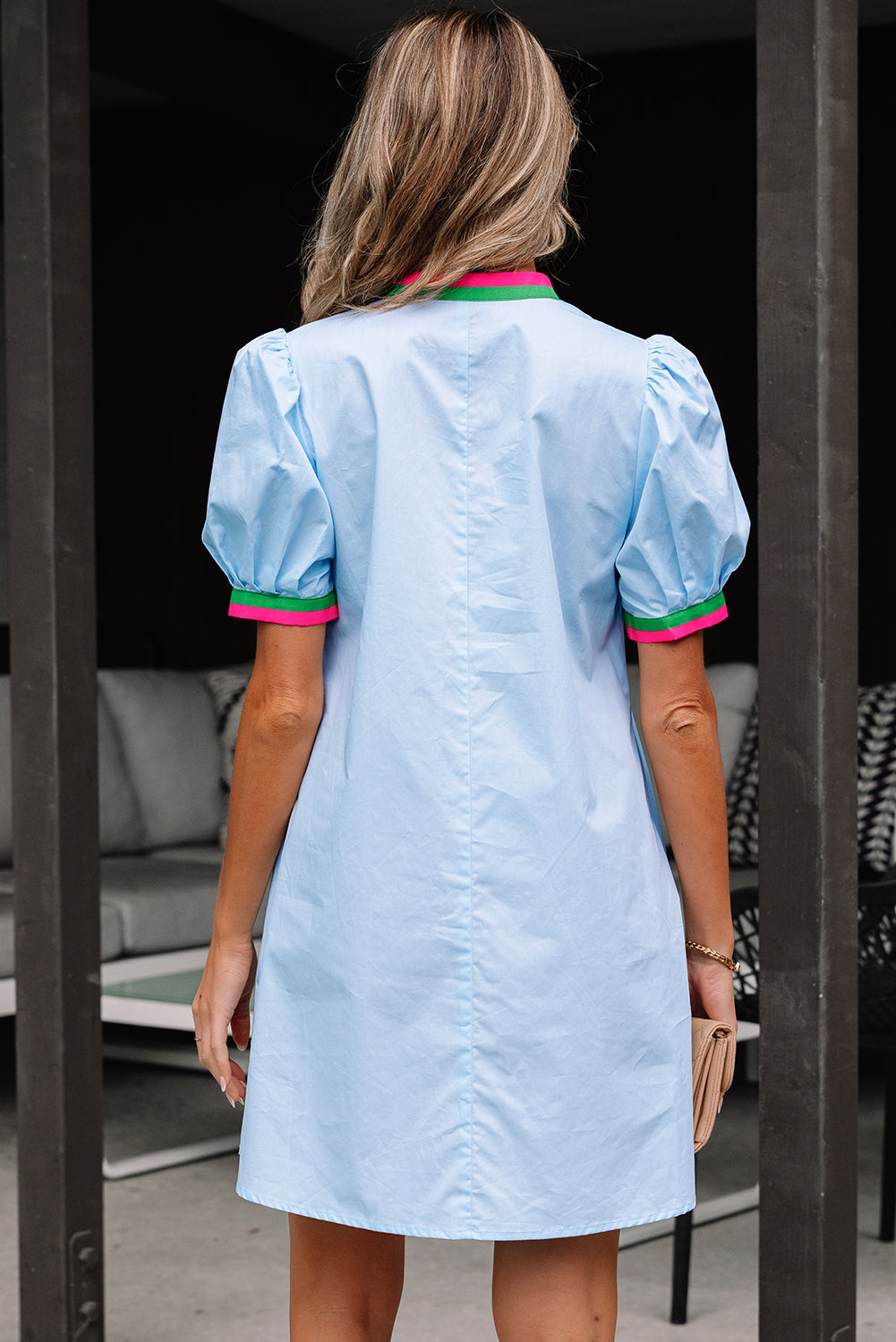 Colorblock Contrast Stripe V-Neck Puff Sleeve Mini Dress