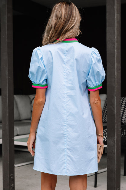 Colorblock Contrast Stripe V-Neck Puff Sleeve Mini Dress