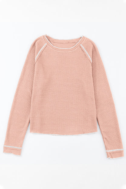 Solid Waffle Knit Round Neck Long Sleeve Top