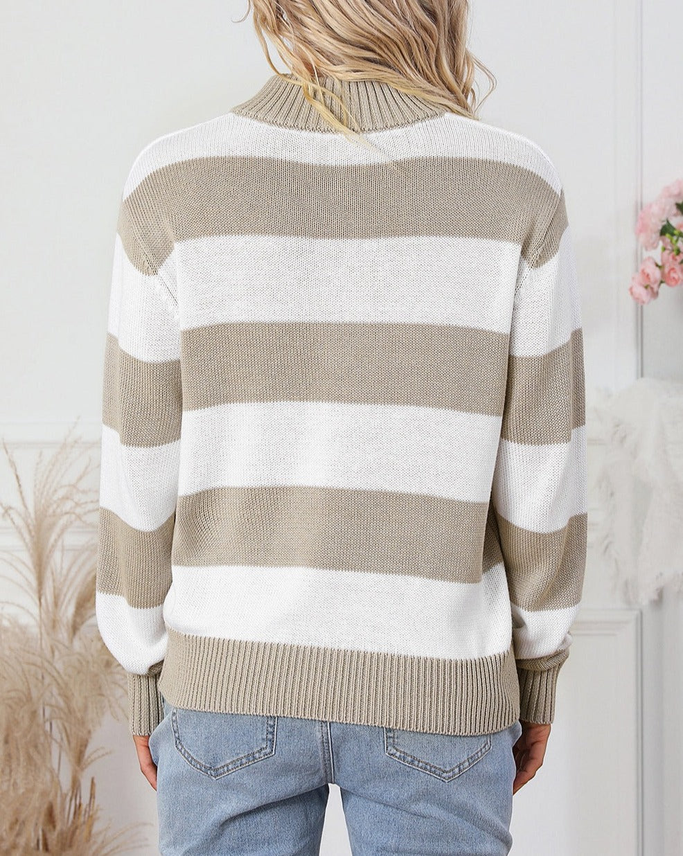 Stripe Quarter Zip Collared Sweater