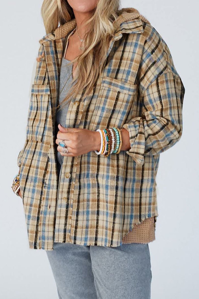 Plaid Waffle Knit Patchwork Shacket