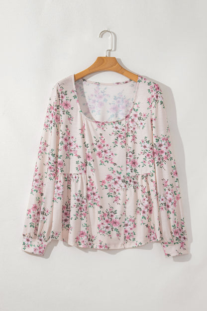 Floral Pleated Scoop Neck Blouse