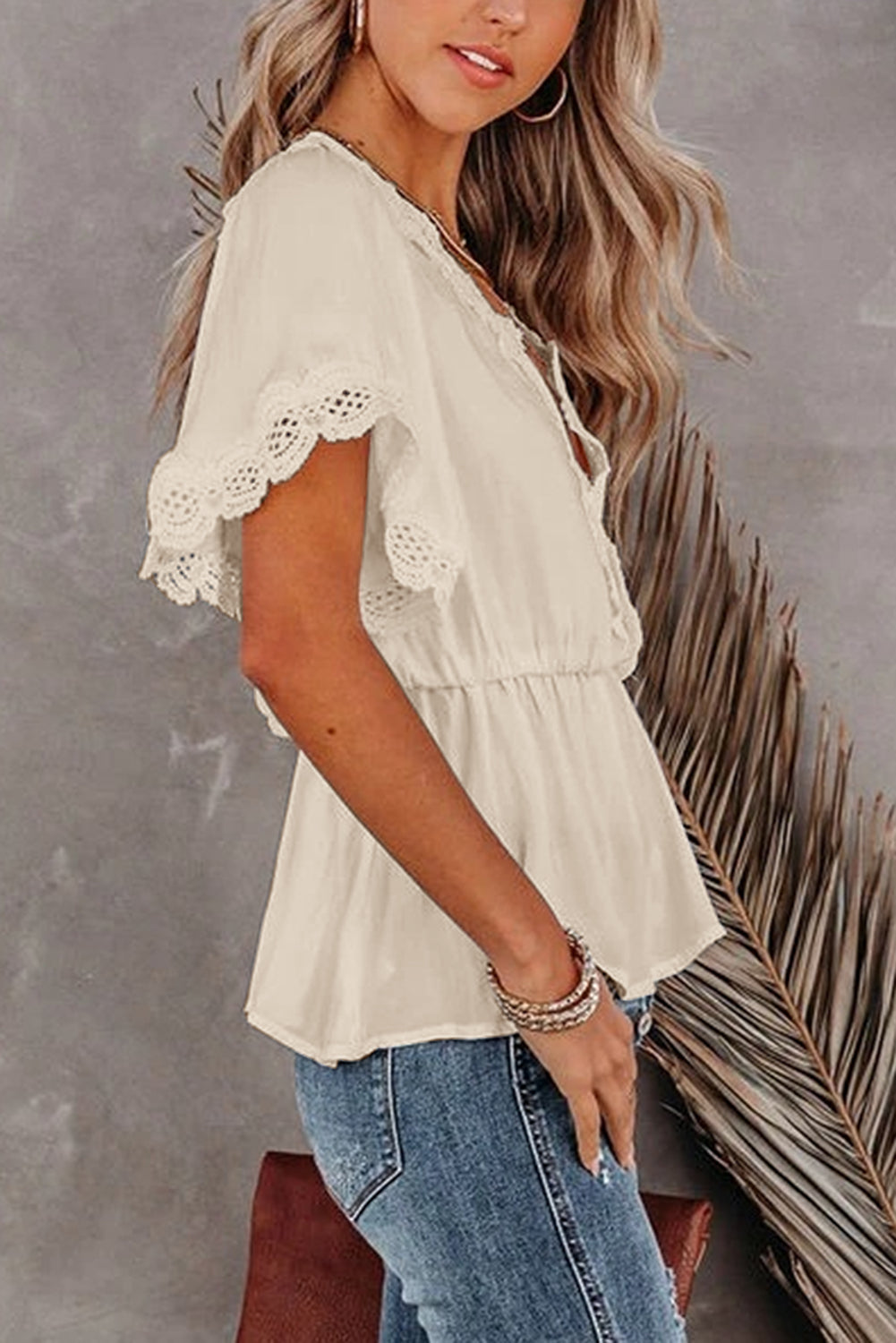 Lace Trimmed Short Sleeve Blouse