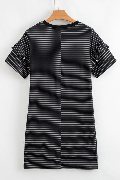 Stripe Ruffle Short Sleeve Crew Neck T-Shirt Mini Dress