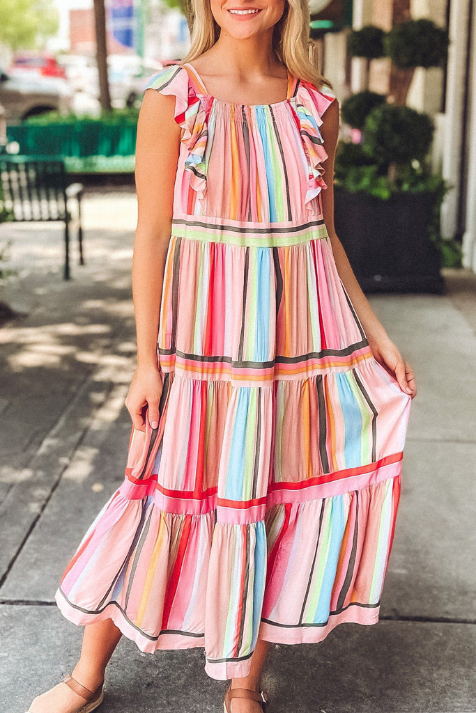 Rainbow Stripe Ruffles Dress