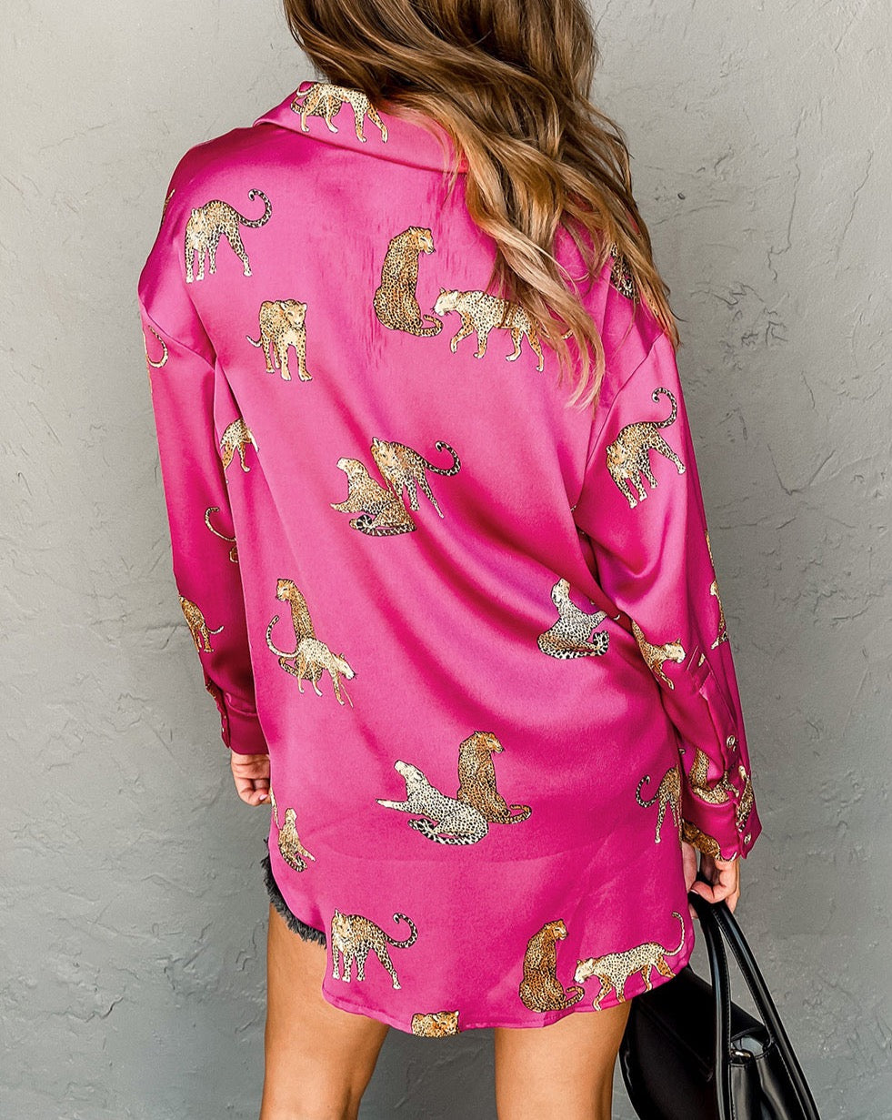 Cheetah Satin High Low Shirt