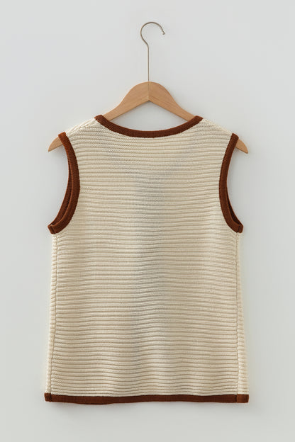 Contrast Trim Tie Front Ribbed Knit Sweater Vest