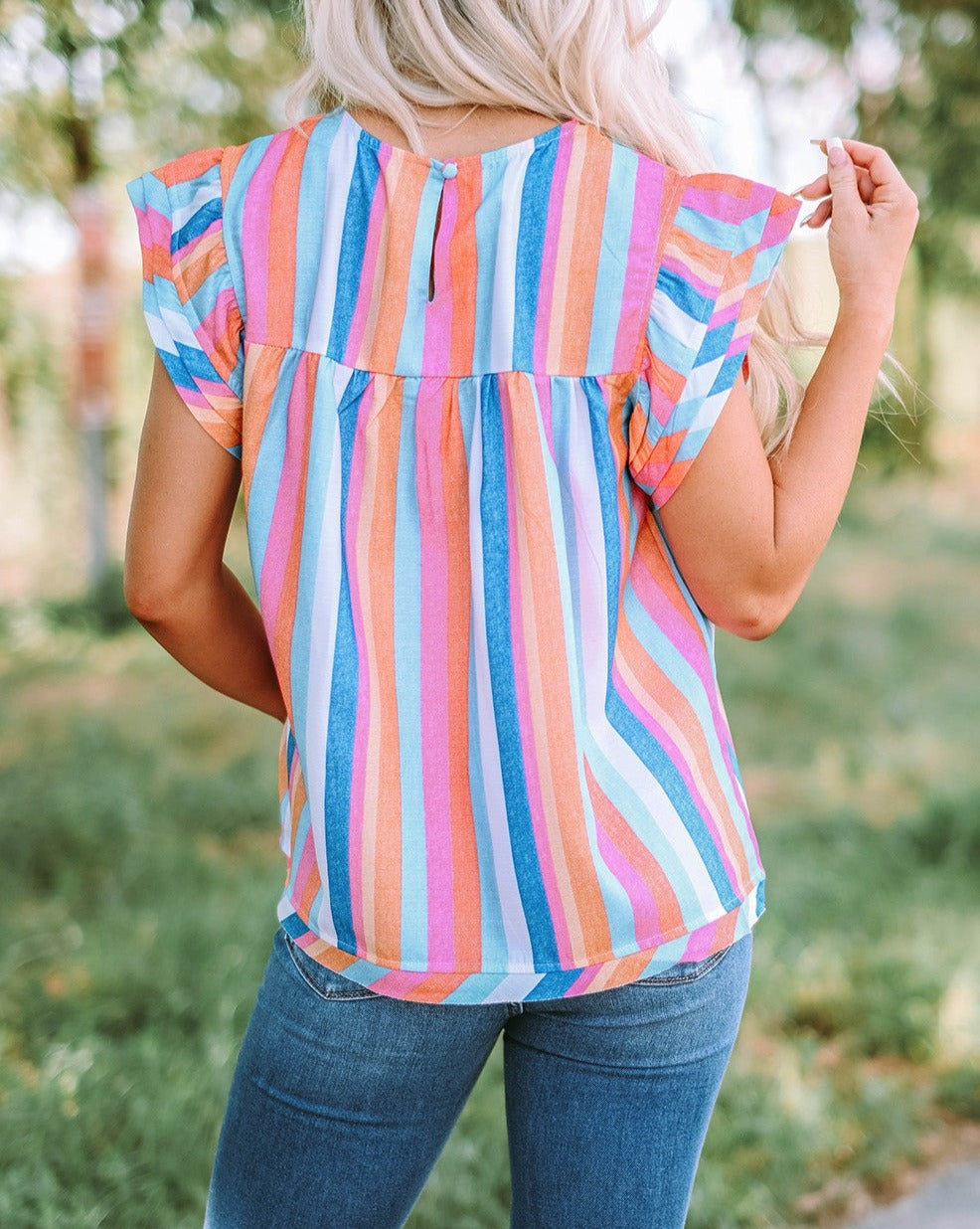 Stripe Ruffle Cap Sleeve Top