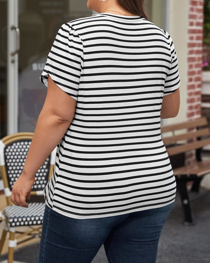 Stripe Petal Sleeve V-Neck T-Shirt Plus Size