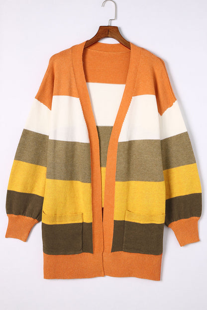 Colorblock Open Front Pocketed Cardigan