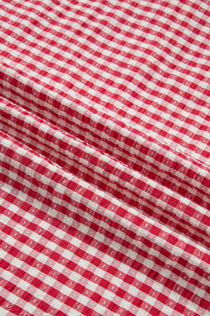 Gingham Plaid Colorblock Trim Split Neck Blouse