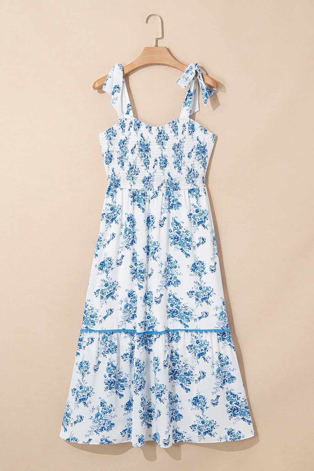 Floral Shirred Bodice Knot Shoulder Maxi Dress