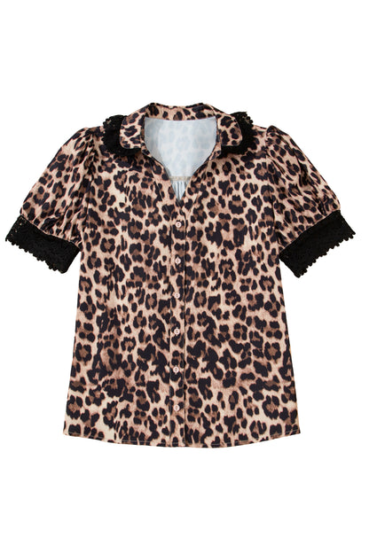 Leopard Lace Trim Short Sleeve Buttoned Shirt