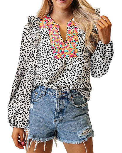 Leopard Floral Ruffle Shoulder Blouse