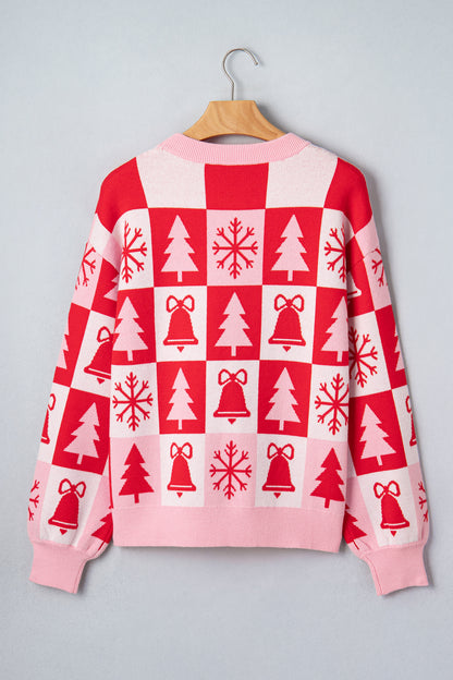 Christmas Checker Round Neck Long Sleeve Sweater