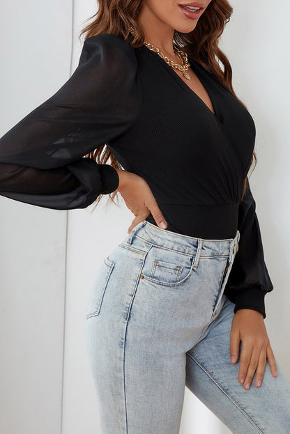 Mesh Puff Sleeve Wrap Bodysuit