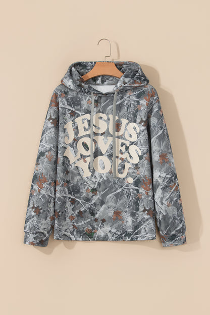 JESUS LOVES YOU Woodland Camo Letter Print Hoodie