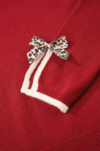 Leopard Bow Split Cuff Contrast Trim Sweater