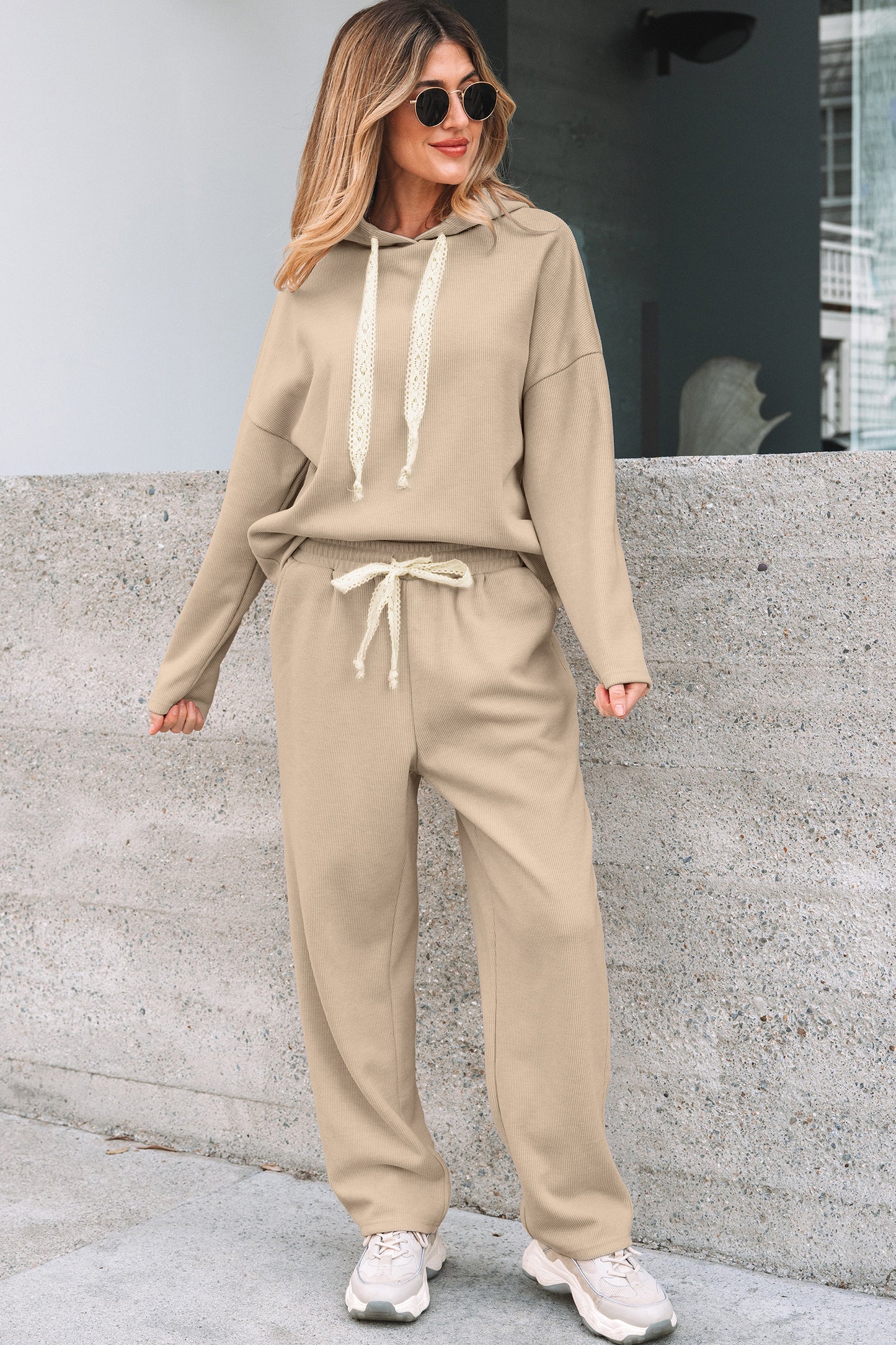 Solid Corduroy Lace Hoodie and Pants Set