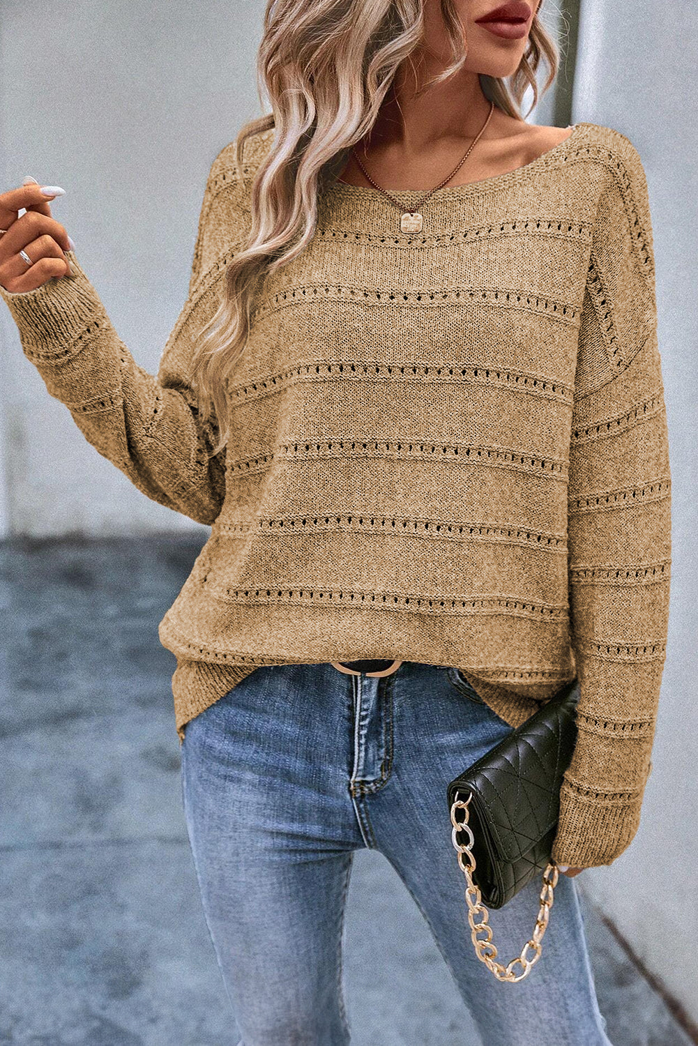 Pointelle Knit Boatneck Sweater