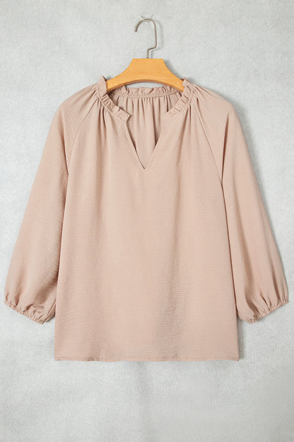 Solid Gathered Cuff 3/4 Sleeve V-Neck Blouse