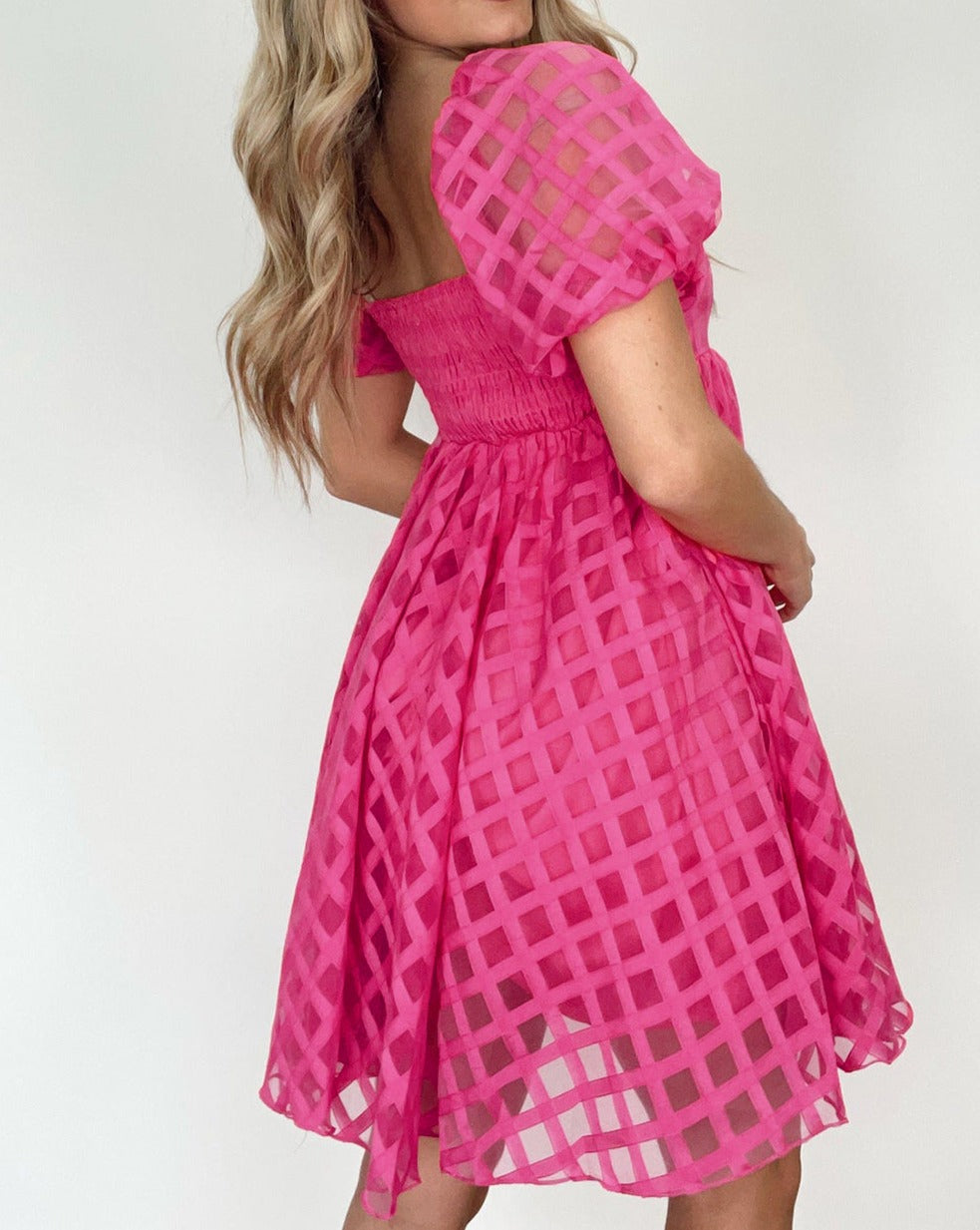 Checker Puff Sleeve Babydoll Dress