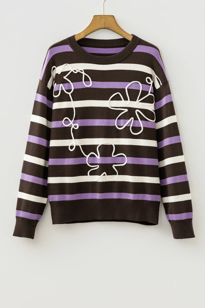 Floral Embroidered Stripe Drop Shoulder Sweater