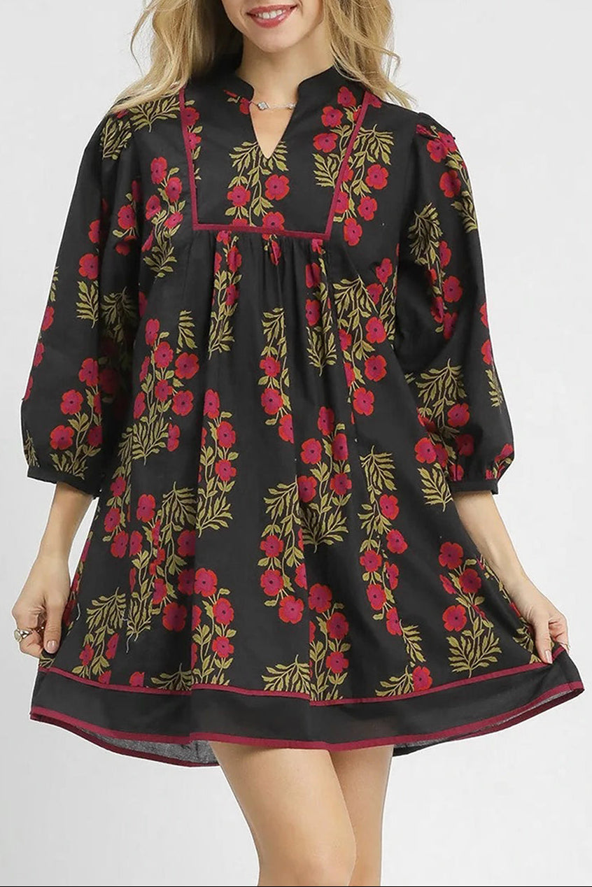 Floral Notch Neck Piping Trim Babydoll Dress