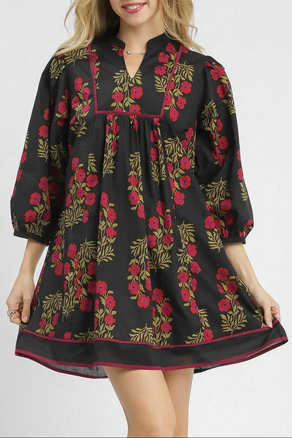 Floral Notch Neck Piping Trim Babydoll Dress
