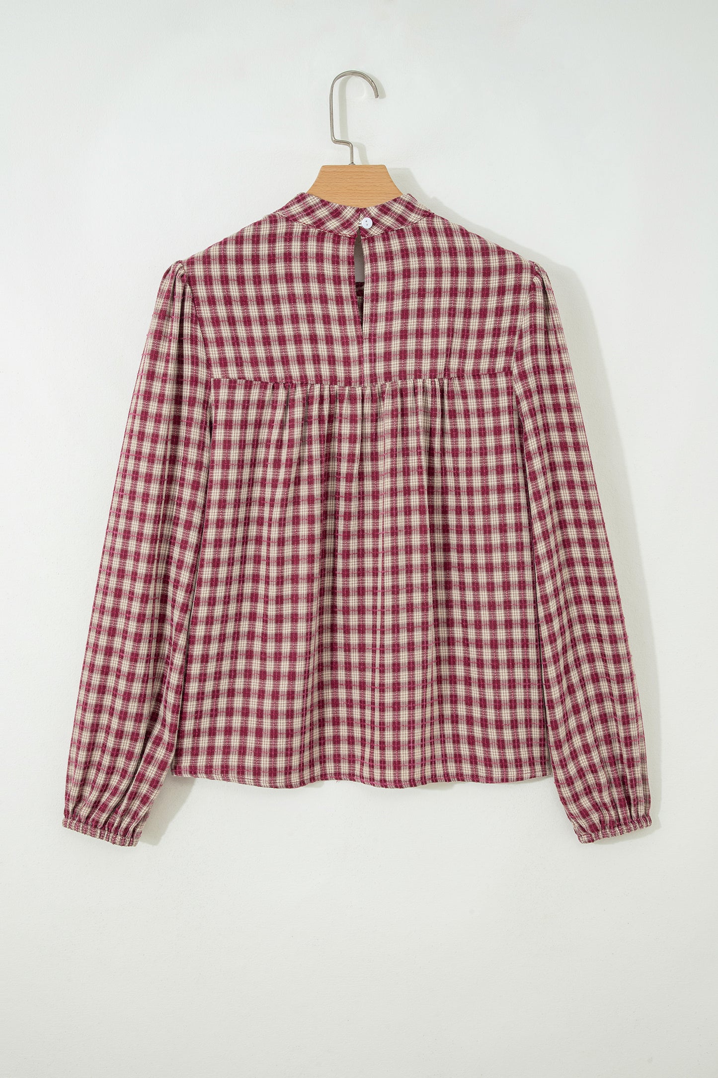 Plaid Button Keyhole Pleated Long Sleeve Blouse
