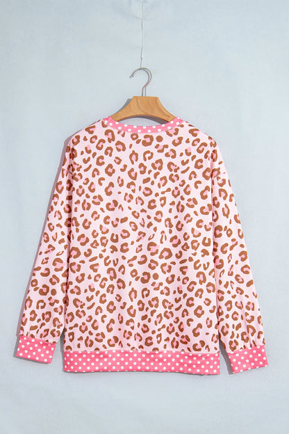 Leopard Polka Dot Colorblock Trim Long Sleeve Top
