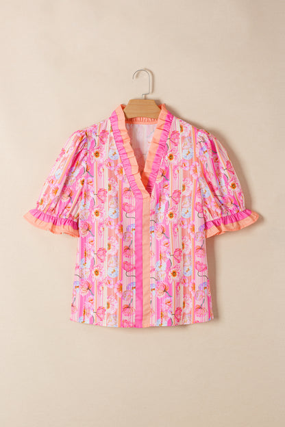 Floral Poppy Stripe Colorblock V-Neck Short Sleeve Blouse