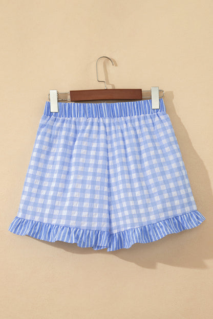 Gingham Ruffle Stripe Patchwork Lace Tie Shorts