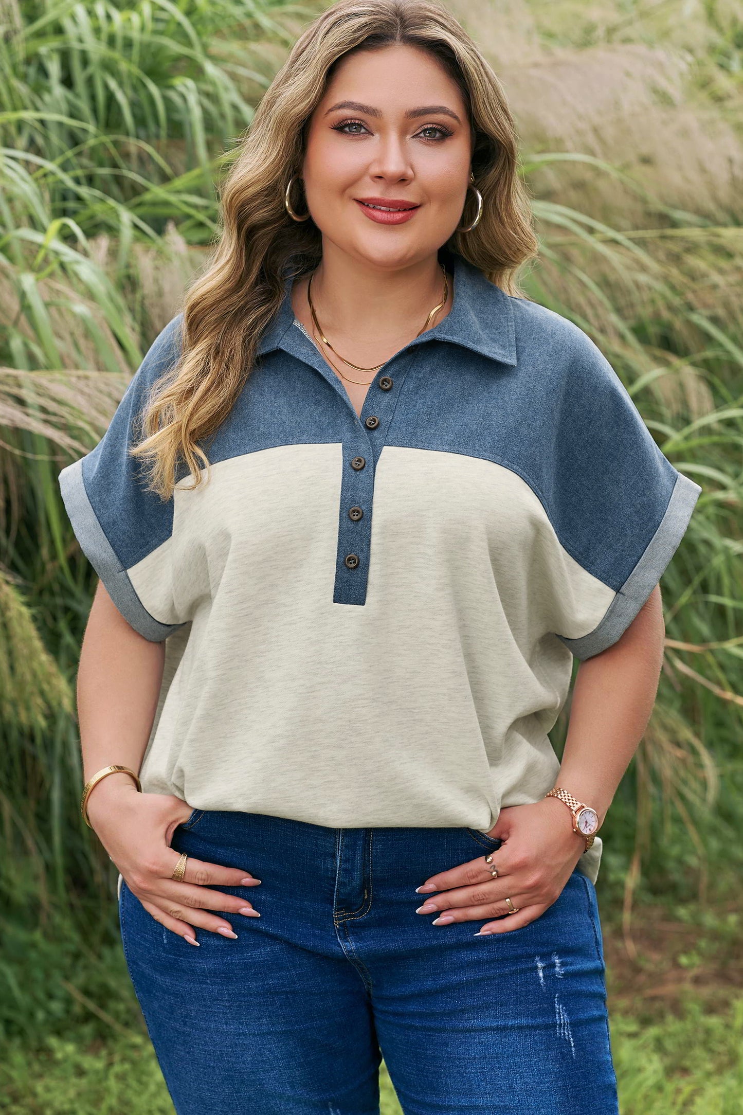 Plus Size Denim Patchwork Half Buttoned Collar Top