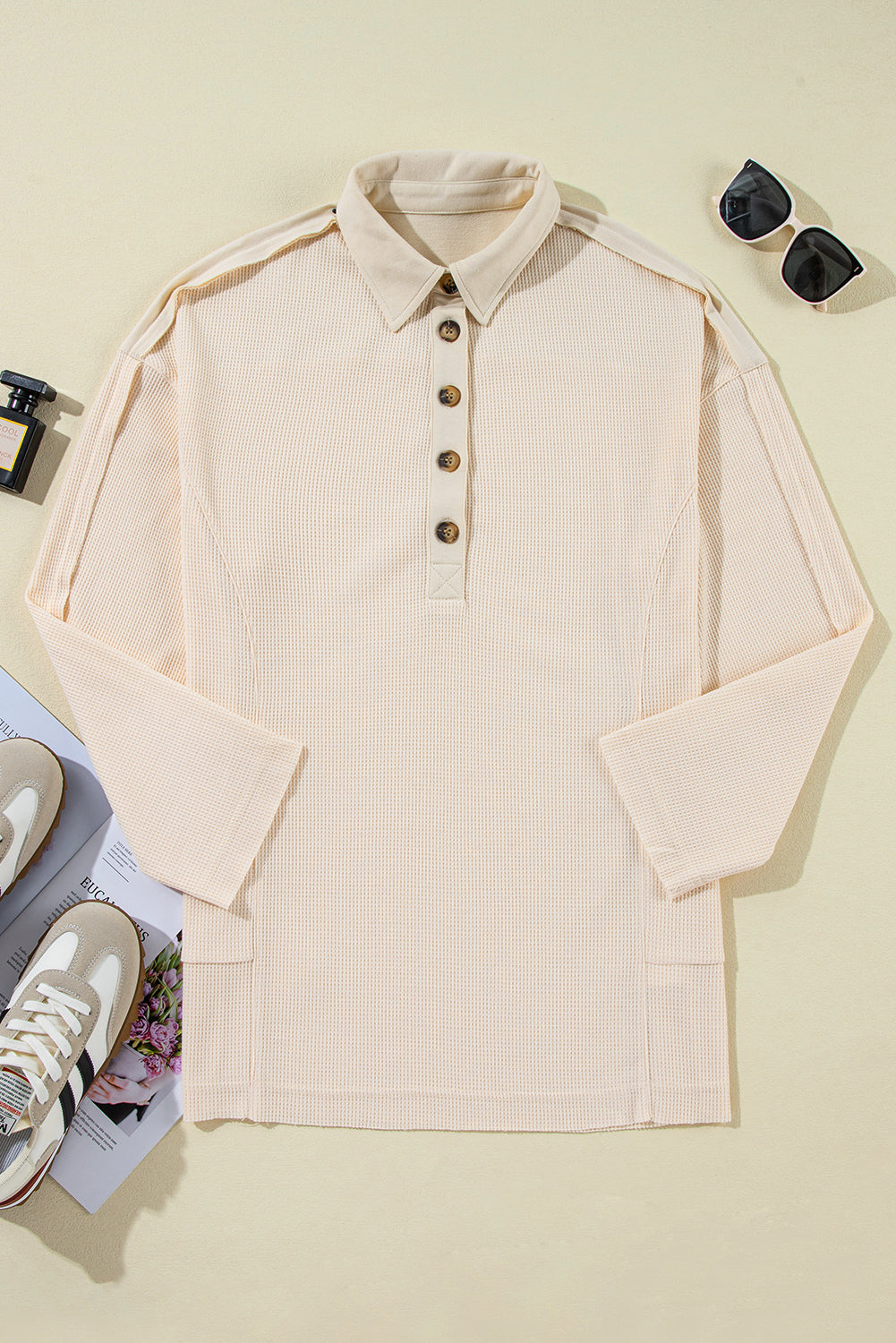 Waffle Long Sleeve Collar Top